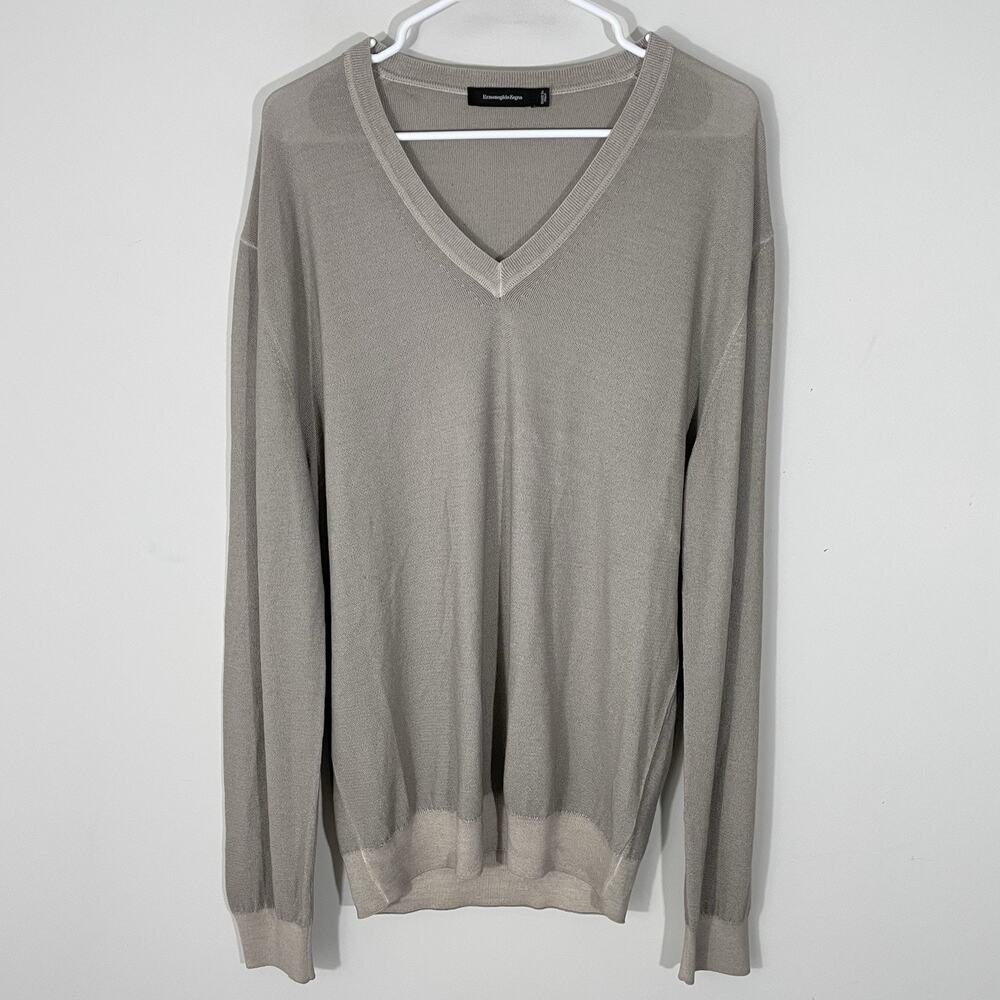 Ermenegildo Zegna Taupe Beige Silk Wool V-Neck Sweater Mens Size XL 54 Knit